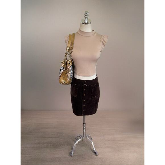 Vintage Y2K ROUTE 66 Leather Suede Brown Mini Skirt Studded Sz 8 2000s Low Rise - Picture 1 of 14